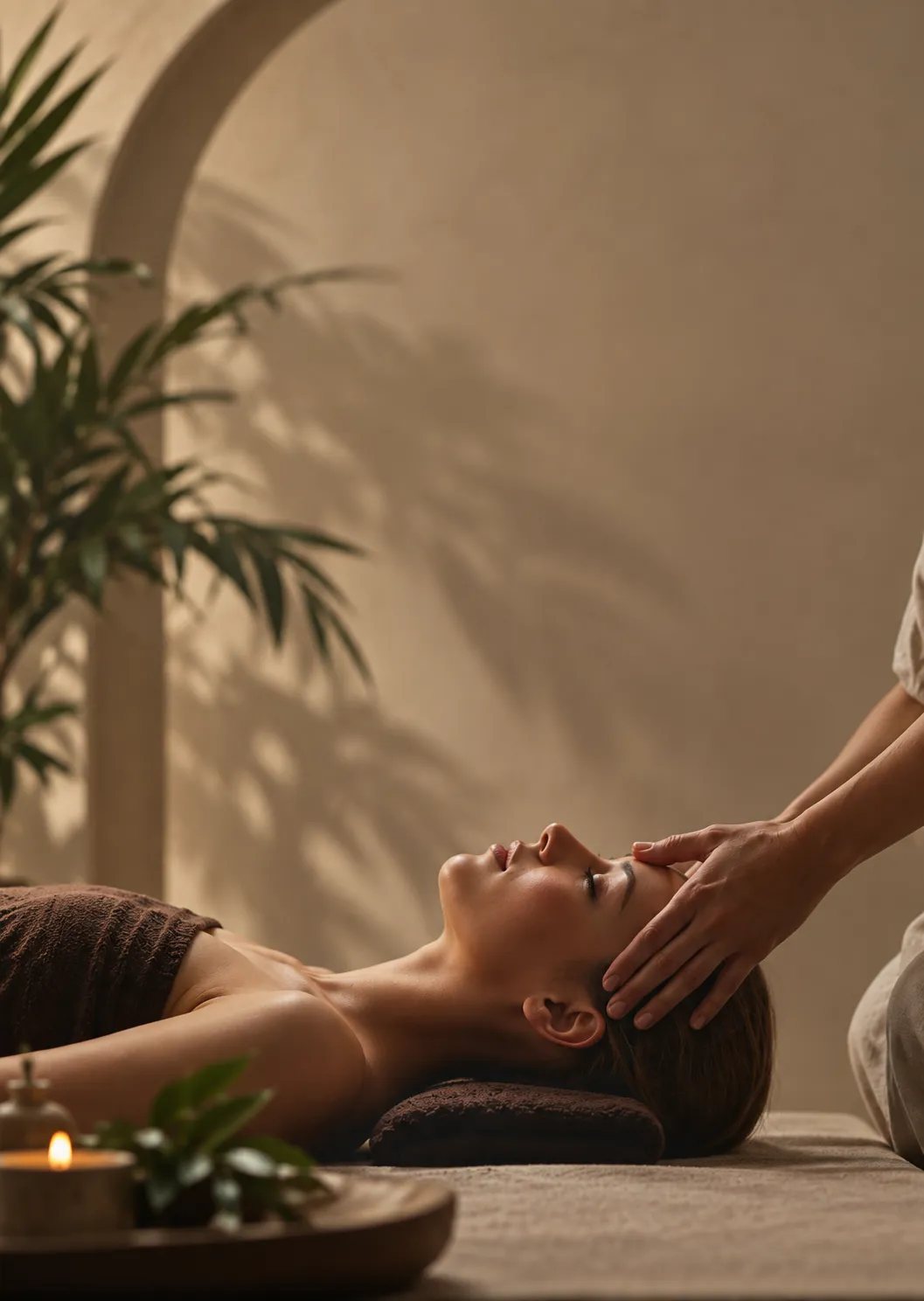 Therapist giving a calming head massage